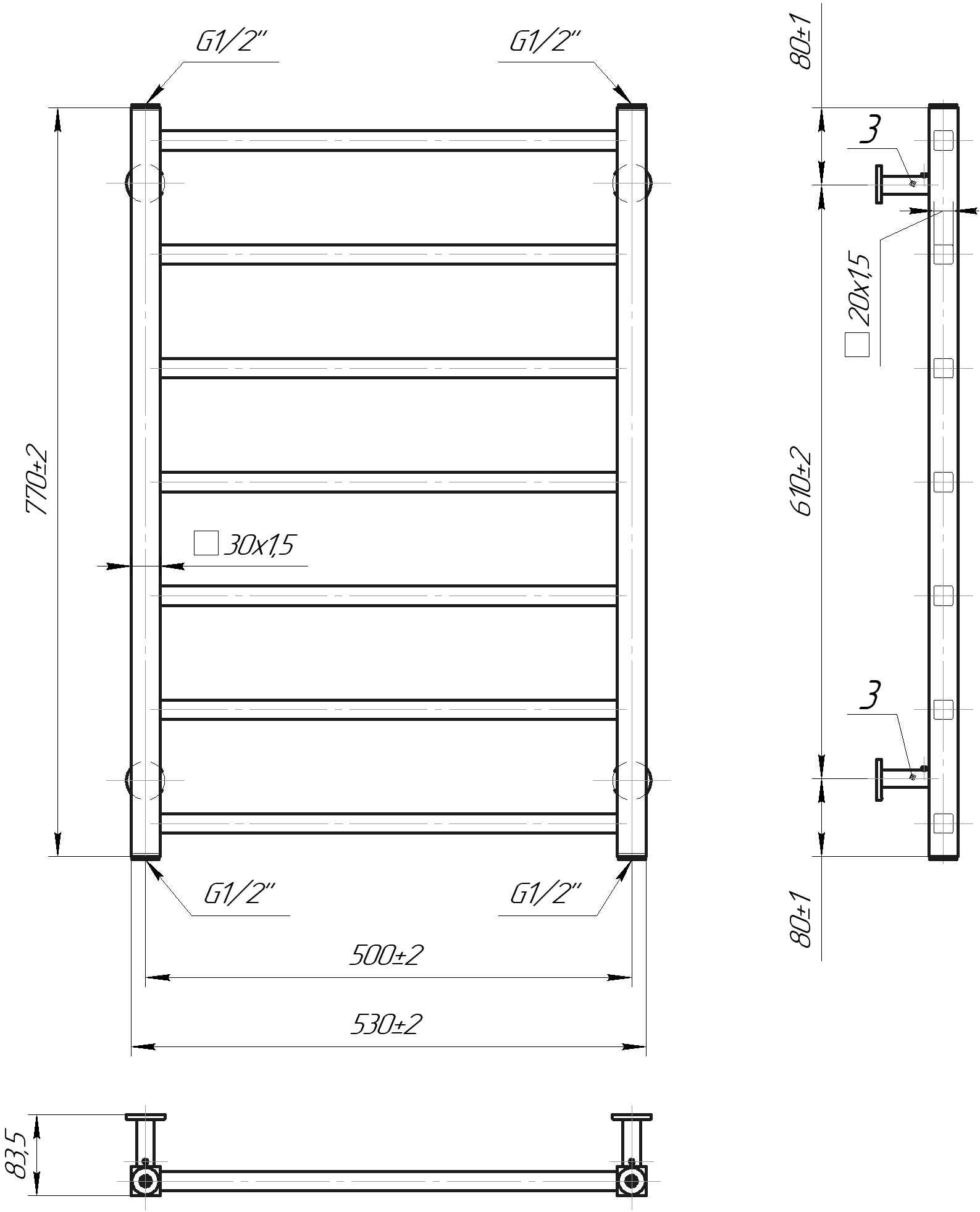 Водяна рушникосушарка Inox Токіо 770х530/500 4