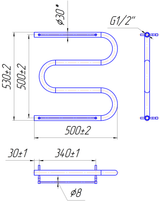 Водяна рушникосушарка Inox Змійка 30 530х500/500 полички 2